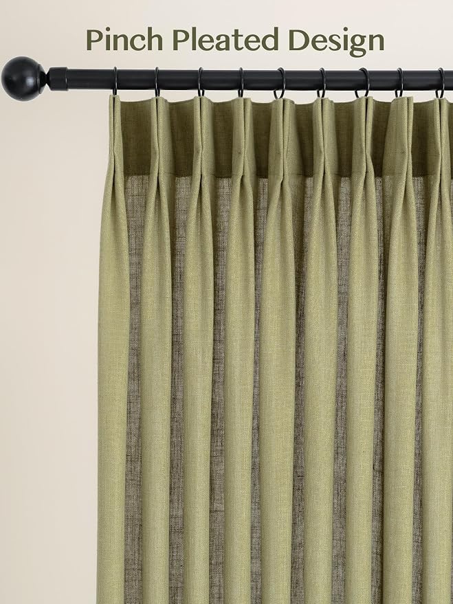 Liz Pinch Pleated Linen Curtains Light Filtering Curtains for Living Room, Farmhouse Window Curtains for Bedroom, Modern Drapes with Hooks and Rings, 108 Inches Long, Olive Green, 2 Panels Set