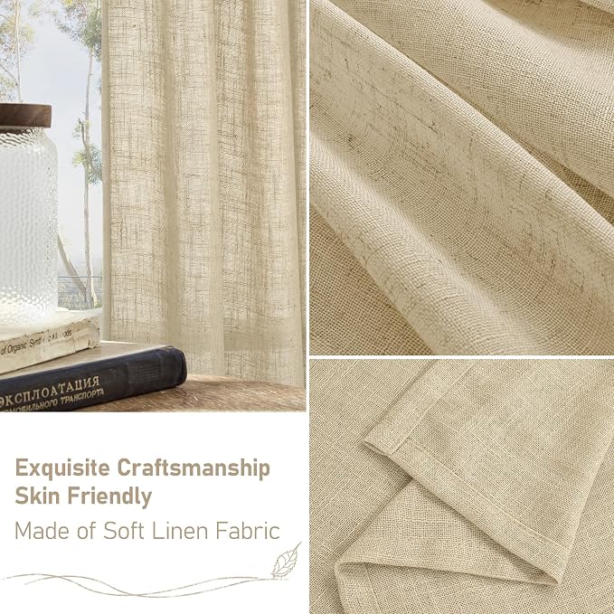 LAMIT 30 Inch Cafe Linen Curtains for Kitchen Window, Semi Sheer Light Filtering Short Curtains Back Tab and Rod Pocket Neutral Drapes for Bathroom/Basement, 2 Panels, Linen, 34 x 30 Inch