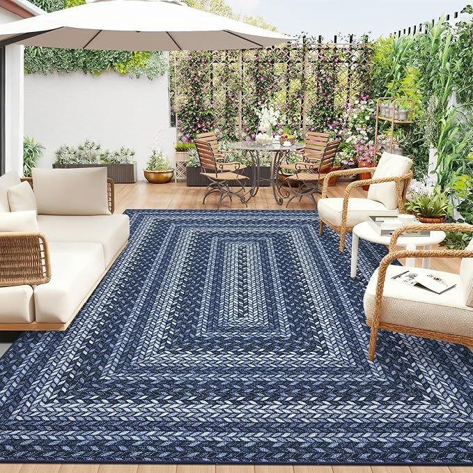 GarveeHome 8x10 Washable Living Room Area Rug Non Slip Braided Rugs | Low Pile Stain Resistant Dining Room Throw Carpet Indoor Outdoor Modern Bordered Area Rugs for Home Decor, Blue