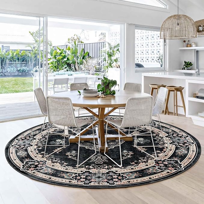 MUJOO Black Round Rug 6ft,Circle Washable Area Rug Non Slip Low-Pile Floral | Large Circular Rugs for Bedroom Living Room Dining Room Boho Throw Carpet Soft Floor Indoor Vintage Bohemian Flowers