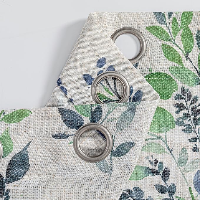 MYSKY HOME Floor to Ceiling Linen Floral Curtains 102 Inch Length 2 Panels Semi Sheer Light Filtering Farmhouse Leaf Printed Window Grommet Drapes for Dining Room, 52" W Each Panel, Green
