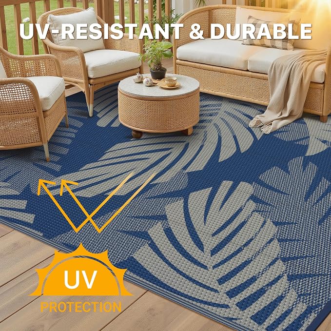 GENIMO Outdoor Rug, Waterproof Plastic Rugs for Patio, 5'x8' Blue Grey | Outside Larger Leaf Carpet Mat for Porch Decor, Deck, Balcony, Camping, RV, Backyard, Picnic, Beach, Reversible, Foldable