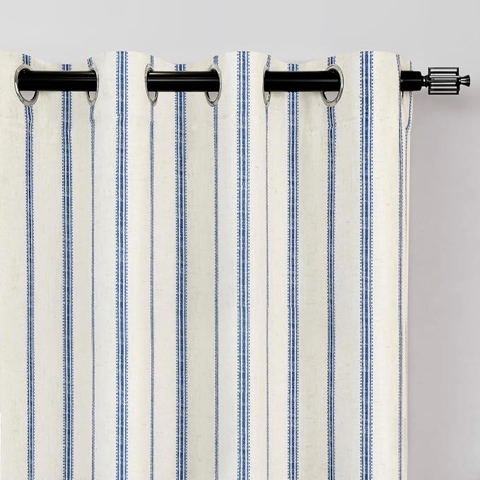 DriftAway Farmhouse Stripe Blackout Curtains, W52xL63, Navy Blue | Blackout, Linen Texture, Stripe Pattern, Rod Pocket & Back Tab, Two Layers, Bedroom Living Room Use, Sound Reducing Design