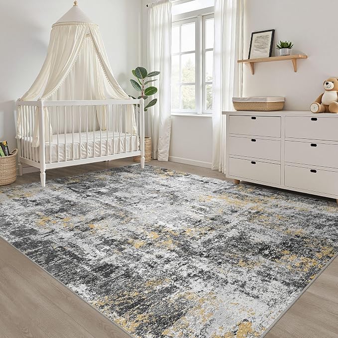 10x12 Area Rug Living Room: Washable Large Neutral Rug Abstract Soft Modern Stain Resistant Indoor Floor Non-Slip Carpet for Bedroom Nursery Kids Office Playroom Dining Room Under Table- Black Gold