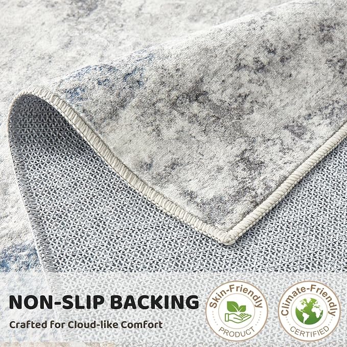 DMOYEST 3x12 Washable Runner Rug, Non Slip Low Pile Carpet Runner for Hallway and Entryway, Kid & Pet Friendly Abstract Modern Area Rug for Kitchen and Dining Room - Grey Blue