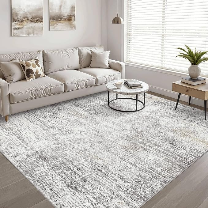 9x12 Area Rug Living Room: Washable Large Neutral Rug Abstract Soft Modern Stain Resistant Indoor Floor Non-Slip Carpet for Bedroom Nursery Kids Office Playroom Dining Room Under Table- Gray Beige