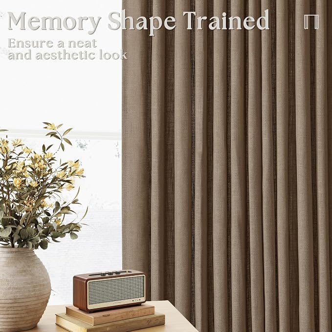 Dutch Cocoa Pinch Pleated Linen Semi Sheer Curtains 45 Inch Length 2 Panels | for Kitchen Small Bay Window Basement, Pinch Pleated with Hooks Rings Back Tab, Memory Shape, Thick Linen Semi Sheer, W40xL45