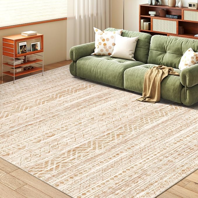 Miukiki 5x7 Area Rug for Living Room Moroccan Washable Rugs Non Slip Indoor Floor Carpet Foldable Large Soft Area Rug for Dining Room Bedroom with Low Pile(Beige,5'x7')