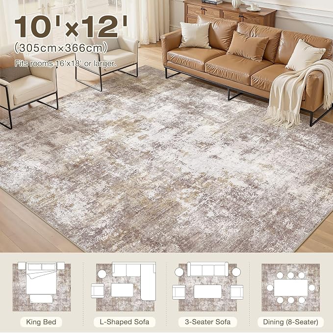 10x12 Large Area Rugs for Living Room, Washable Soft High-Low Pile | Neutral Modern Abstract Carpet, Non Slip Lightweight Made for Dining Room, Nursery, Home Office Indoor Decor - Gold Brown