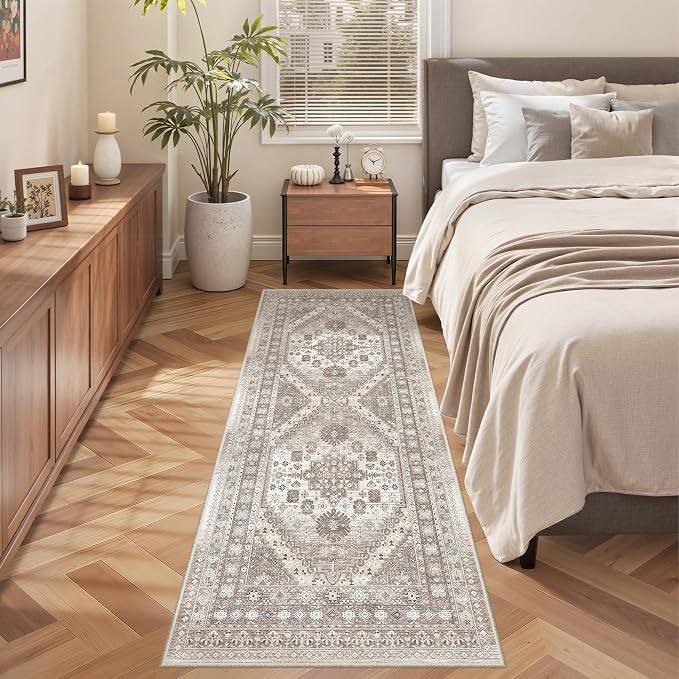 befbee Washable Runner Rug 2x6 Hallway Runner Rug Ultra-Thin Kitchen Rug Non Slip Indoor Floor Foldable Carpet with Low Pile for Entryway Bathroom Laundry Room Living Room(Brown/Beige,2'x6')