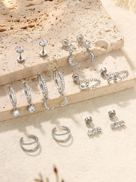 Dochais Flat Back Cartilage Earrings for Women Trendy Dainty CZ Flatback Studs Earing Sets 14k Gold Plated Hypoallergenic Huggie Hoops Earring Stacks for Multiple Piercing