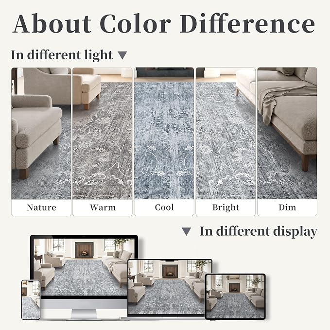 5x7 Area Rugs, Vintage Boho Carpet for Bedroom, Living Room, Gray | TTelephant Washable Low Pile Rug for Dining Roomwith Non-Slip Silicone Backing, Stain Resistant