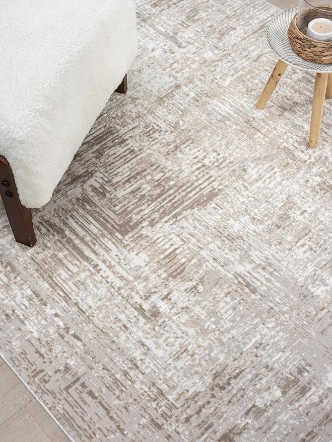 Amy Modern Abstract Area Rug for Living Room, 4x6 Contemporary Textured Geometric Beige Neutral Rug, Stain Resistant Non-Shedding Carpet for Bedroom, Dining Room or Kitchen (4' x 6', Beige)