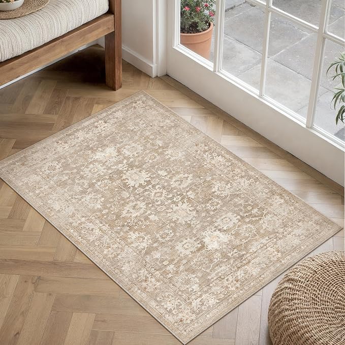 HUGEAR 2x3 Entryway Rug Beige Machine Washable Rug Room Decor Vintage Distressed Small Area Rugs Indoor Door Mat Low Pile Non Slip Carpet for Kitchen Living Bedroom Soft Lightweight