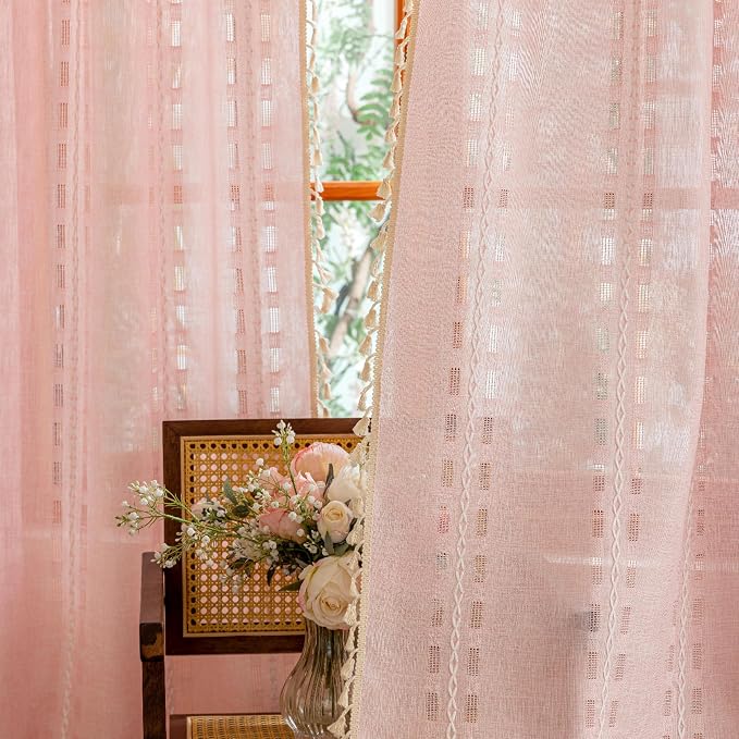 Pink Boho Sheer Curtains 72 inches Long 2 Panels for Bedroom, Light filtering Semi Sheer Bohemian French Country Privacy Tassels Vintage Chic Embroidery Stripes Window Decor Curtains Back Tab, 50" W