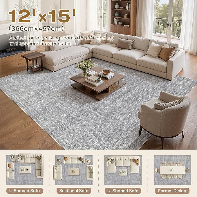Nakagishi 12x15 Area Rugs Living Room: Washable Large Vintage Rug Neutral Non-Slip Soft Stain Resistant Indoor Carpet for Bedroom Nursery Dining Room Office Playroom - Grey