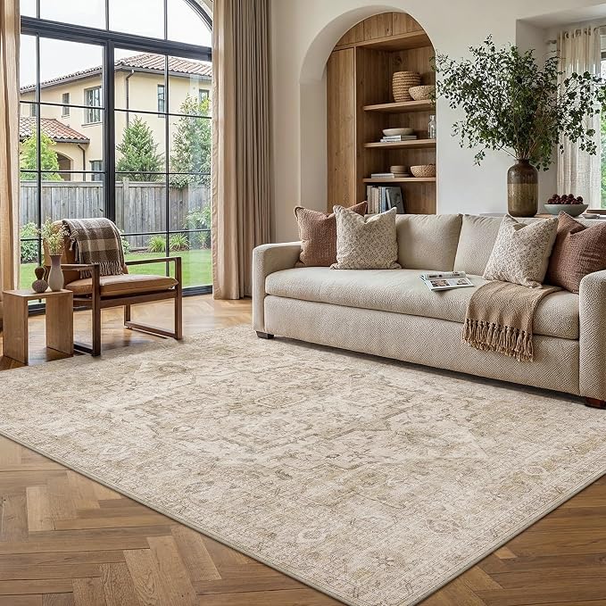 HUGEAR 5x7 Machine Washable Rug Beige Area Rug Room Decor Distressed Vintage Living Room Rugs Non Slip Low Pile Soft Carpet for Bedroom Office Dining Room Soft Lightweight