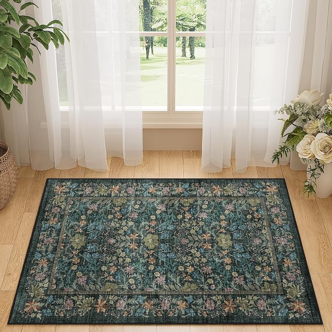 DUKINO 2x3 Entryway Rug, Washable Vintage Floral Area Rug, Blue | Non Slip, Low Pile, Non-Shedding, Soft Indoor Door Mat, Small Front Door Throw Carpet for Bathroom Kitchen Entrance Bedroom