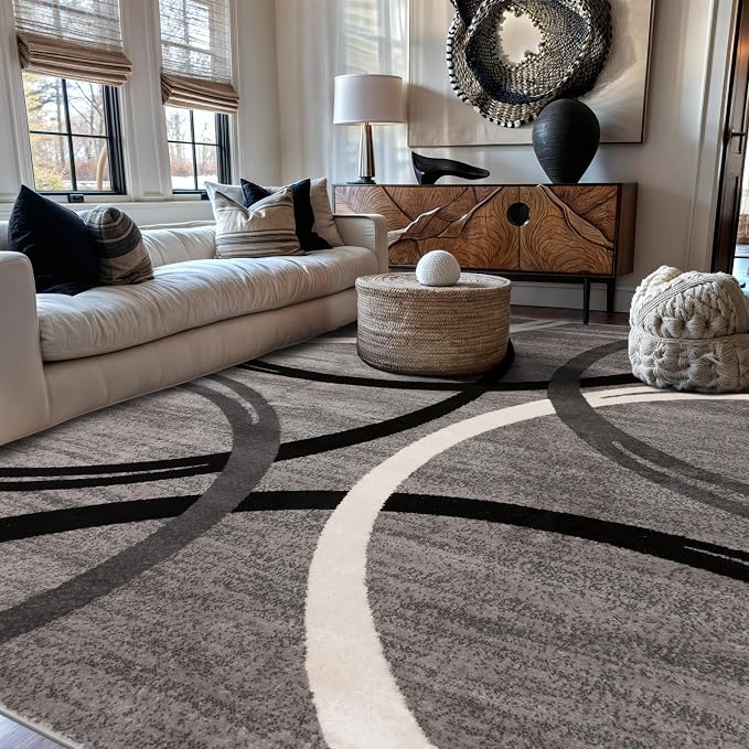 Rugshop Wavy Circles Non-Shedding Living Room Area Rug Gray 7'10" x 10'2"