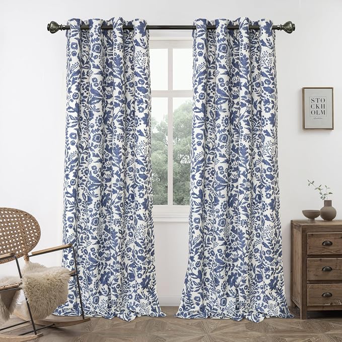 DriftAway Julia 100% Blackout Curtains Grommet 2 Panels, W52xL84, Navy | Floral Curtains, Bedroom, Living Room, Linen Blend, Watercolor Pattern, 2 Layers, Thermal Insulated, Window Treatment