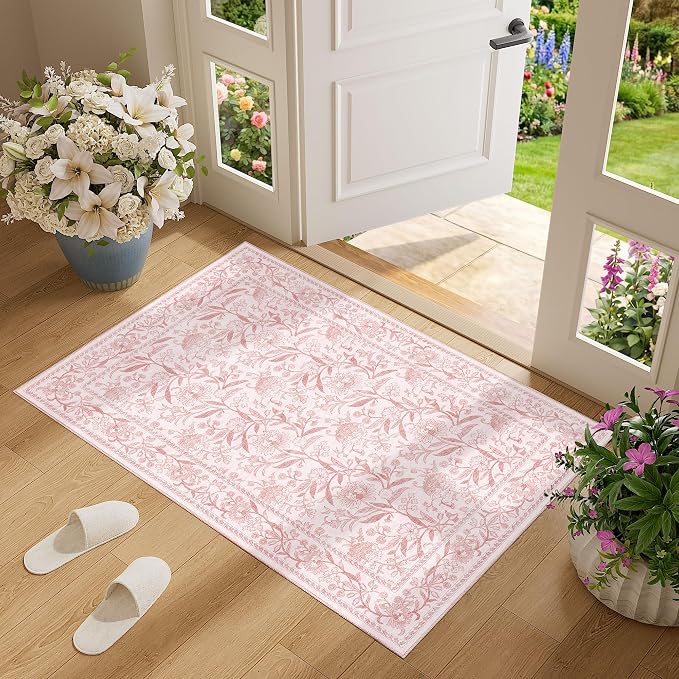 DUKINO 2x3 Rug, Washable Vintage Floral Bathroom Rugs Non Slip, Light Pink | Low Pile, Stain Resistant Boho Soft Indoor Door Mat, Small Front Door Carpet for Entryway Kitchen Laundry Bedroom Farmhouse