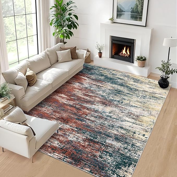 ROYHOME Washable Rug 5x7 Abstract Area Rug for Living Room, Non Slip Foldable Soft Rugs for Bedroom, Stain Resistant Rugs Modern Fuzzy Rug, Indoor Floor Carpet for Entryway Home, Red Multi