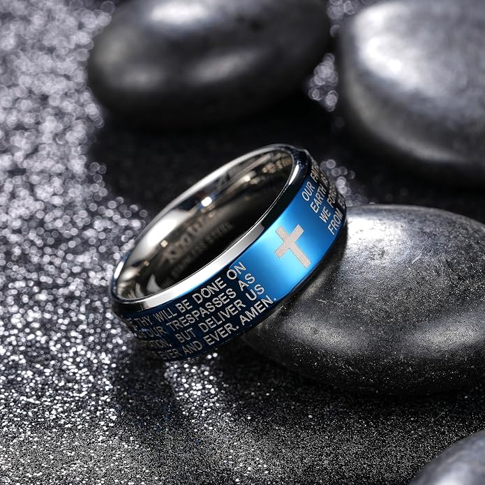 King Will Stainless Steel Men Ring Lord's Prayer Cross Ring Stainless Steel Men Wedding Ring, Wedding Band Bible Engraved Rings High Polished, Comfort Fit