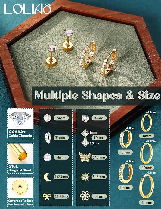 LOLIAS 14K Gold Plated Flat Back Earrings - Hypoallergenic Surgical Stainless Steel Stud Hoop Earrings for Women Girls Cute Stud Earring Set Small Huggie Hoops Cartilage Earring Stacks