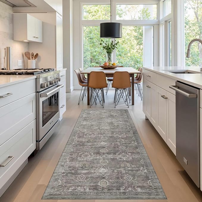 Rugxara 2x6 Washable Runner Rug for Hallway Kitchen Entryway, Taupe/Grey | Non Slip, Runner Rug for Bedroom Laundry Room Bathroom, Stain Resistant, Soft, Low Pile, Vintage Boho Retro Carpet
