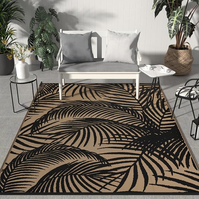 GENIMO Outdoor Rug, Waterproof Plastic Rugs for Patio, 6'x9' Ebony Brown | Outside Larger Leaf Carpet Mat for Porch Decor, Deck, Balcony, Camping, RV, Backyard, Picnic, Beach, Reversible, Foldable