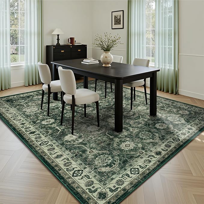6x6 Square Area Rug, Soft Non Slip Low Pile Washable Rug, Boho Modern Area Rug for Living Room，Bedroom, Laundry Room, Dark Green/Beige
