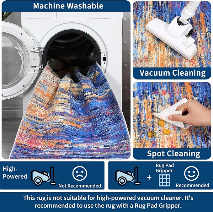 ROYHOME Modern Abstract Living Room Rug 10x13, Machine Washable Large Carpet, Non Slip Low Pile Throw Rug, Ultra Soft Indoor Floor Carpet for Bedroom Dining Room Table Home Decor, Blue/Orange