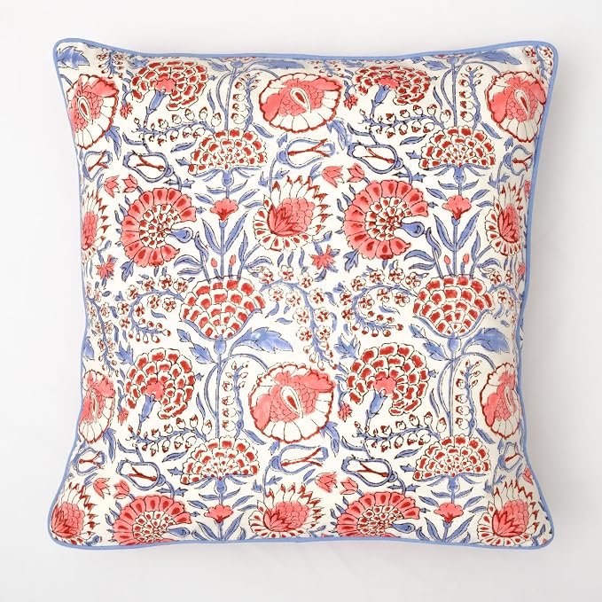 Ridhi Block Print Flamingo Pink Pillow Cover 18" x 18" (Pack of 2) Decorative Couch Pillows for Living Room, Chic Boho Cute Outdoor Pillows Covers Gifts for Spring, Easter and Valentine