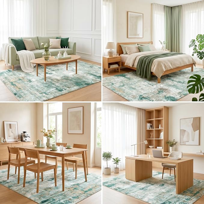 Washable Stain Resistant Area Rug, Robot Vacuum Compatible, 0.3" Low Pile, Non-Slip Cotton-Backed with Silicone Backing, Home Office Under Desk Dining Room, 6'x9', Sage Green