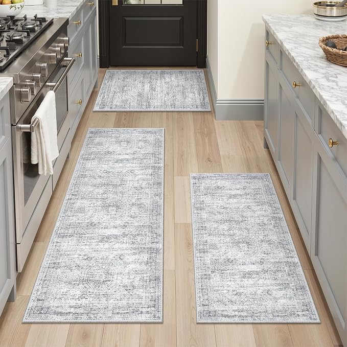 Kitchen Rugs Sets of 3, 2x3 2x4 2x5 Rug Runner,Grey | 3 Piece Washable Rug for Hallway,Entryway,Bedroom,Dining Room,Thin,Soft Runner Rug,Stain Resistant Indoor Carpet,Non Slip