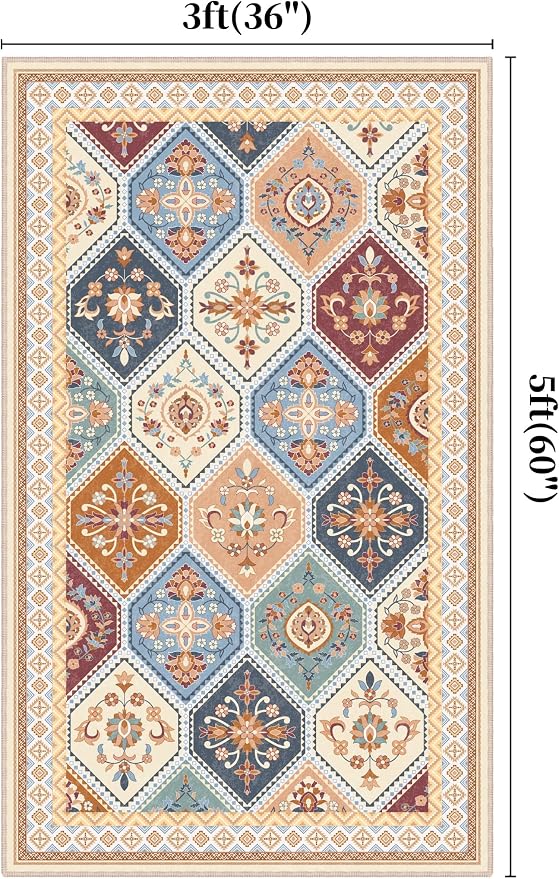 3x5 Washable Rug, Soft Non-Slip Boho Moroccan Rug, Low-Pile Printed Indoor Throw Rugs for Entryway, Kitchen, Bedroom Bedside, Entrance- Multi | Low-Pile Printed Indoor Throw Rugs for Entryway, Kitchen, Bedroom Bedside, Entrance