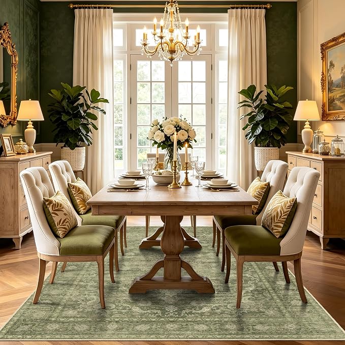 Washable Rugs 5x7, Vintage Medallion Carpet for Living Room, Sage Green | TTelephant Area Rug for Bedroom and Dining Room, Low Pile Rug with Non-Slip Silicone Backing, Non-Shedding Stain Resistant