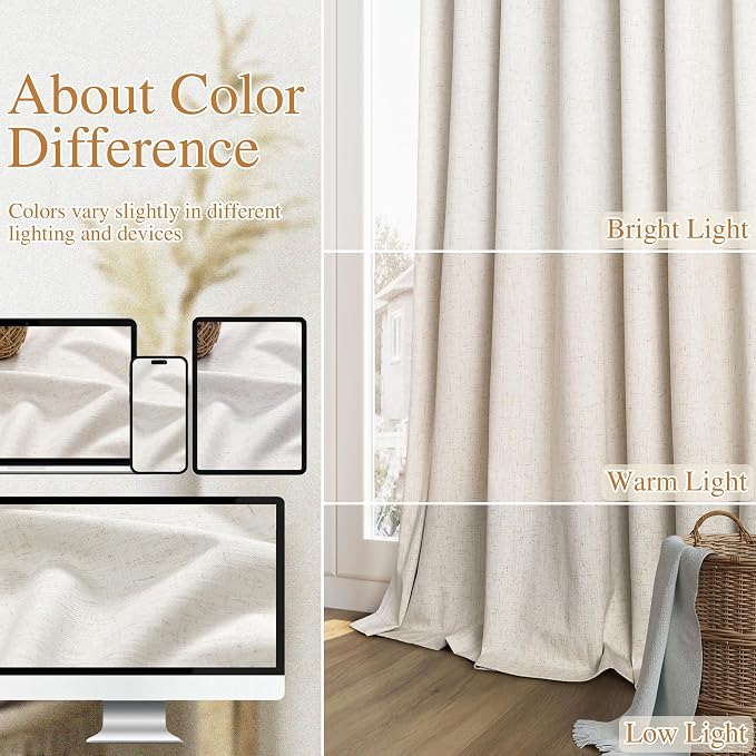 Guken 100% Blackout Linen Curtains for Bedroom 90 inches Long, Thermal Insulated Room Darkening Black Out Drapes for Living Room, Back Tab Rod Pocket 2 Panels Set,Modern,52x90
