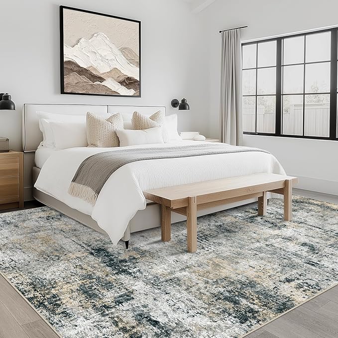 9x12 Area Rugs Living Room Rugs: Large Washable Rug with Anti-Slip Backing Non-Shedding Stain-Resistant Soft Abstract Carpet for Bedroom Dining Room Nursery Hallway Indoor Home Office Black Grey Brown