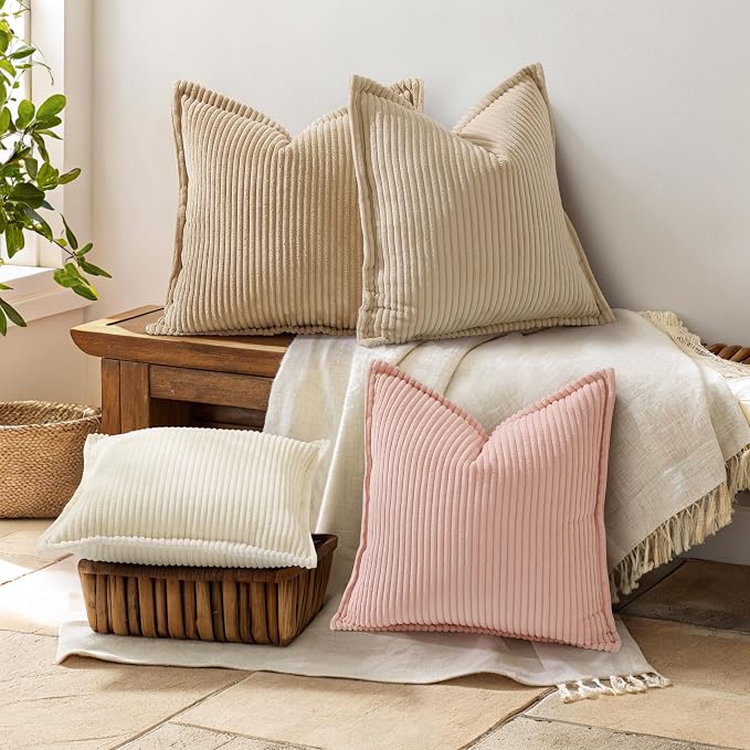 decorUhome Fall Corduroy Light Brown Throw Pillow Covers 26x26 Set of 2 | Euro Sham Couch Decorative Soft Modern Boho Farmhouse Pillow Covers Broadside Striped Pillow Cases for Living Room Bed Sofa