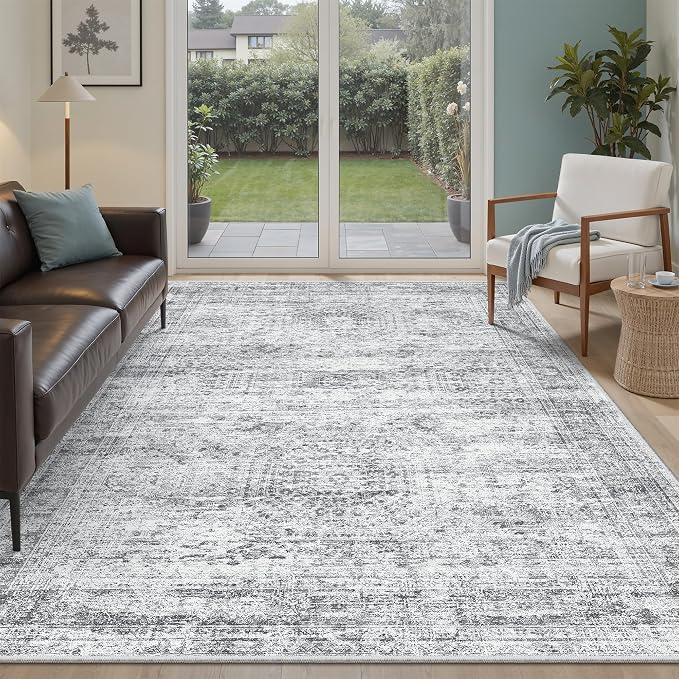 Soalmost 5x8 Area Rugs Grey Low Pile Indoor Washable Trendy Faded Style Rugs for Bedroom Living Room Dining Room Foldable Non-Slip Thin Print Home Office Mat