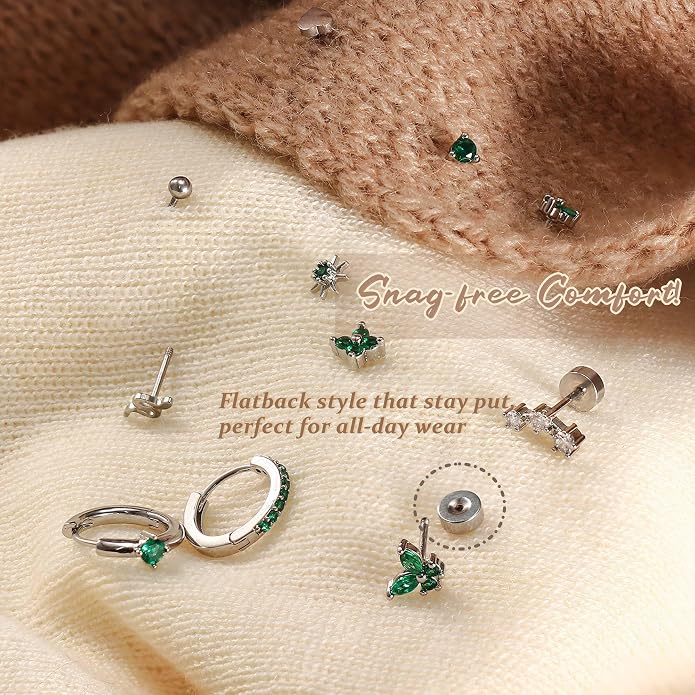 KRFY 25Pcs/17 Pairs Hypoallergenic Surgical Steel Earrings for Sensitive Ears 14K Gold Plated Flat Back Cartilage Earrings for Women Men Screw Back Flatback Stud Hoop Earring Set for Multiple Piercing