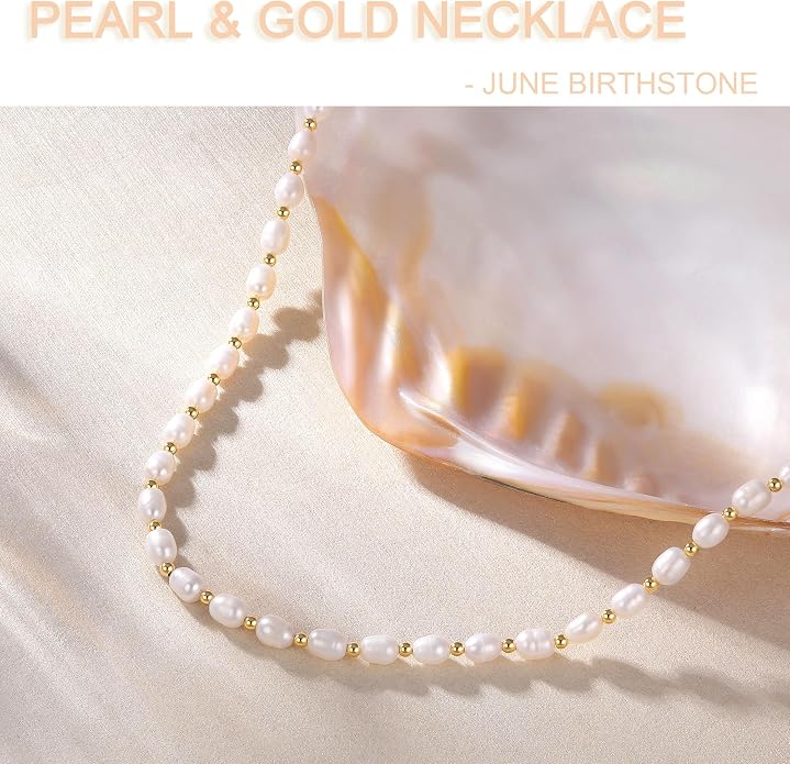 Natural Freshwater Baroque Pearl Necklace 14K Gold Plated Dainty Choker Necklace for Women Girls Snake Chain/Cuban Link/Paperclip/Ball Beaded Chain/Tennis Chain Fashion Jewelry for Gift