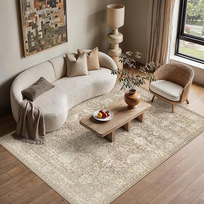 HUGEAR Area Rugs 5x7 Beige Washable Rug for Living Room Bedroom Neutral Vintage Rug Carpet Distressed Soft Durable Non Slip No Shedding for Indoor Dining Nursery Farmhouse