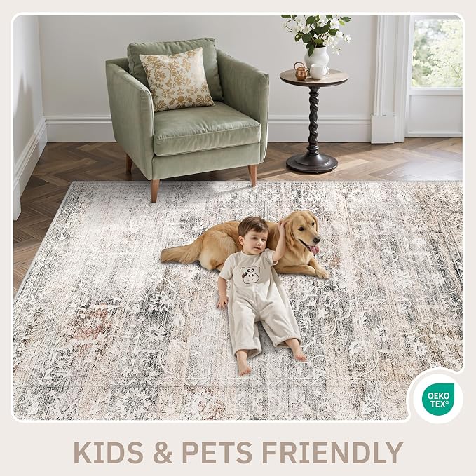 Soalmost 8x10 Area Rugs for Living Room, Washable Bedroom Soft Rug Taupe | Vintage Floral Stain Resistant Non-Slip Low Pile Throw Large Carpet for Dining Room Kitchen Home Office Nursery 8'x10'