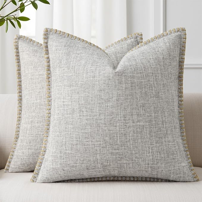 decorUhome Fog Gray Faux Linen Outdoor Throw Pillow Covers 18x18 Set of 2 | Fall Decorative Textured Neutral Modern Farmhouse Pillow Covers with Stitched Edge for Couch Sofa Bed Living Room