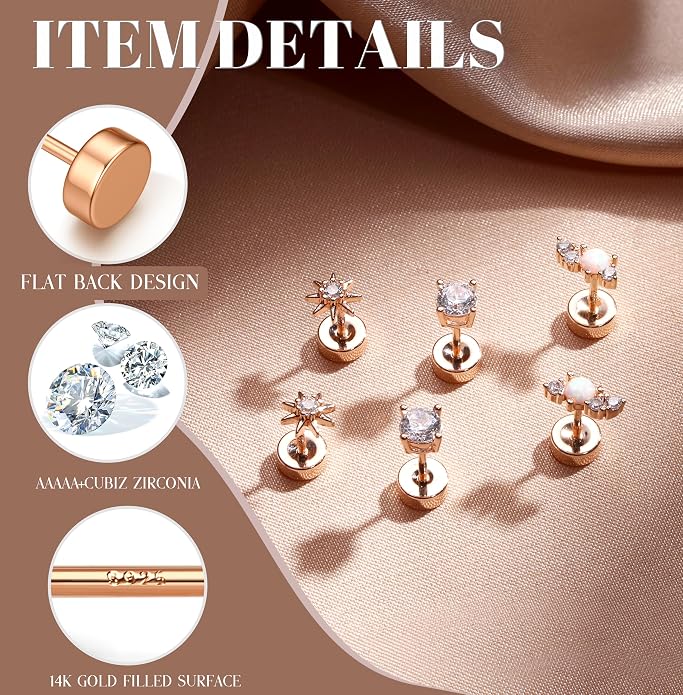 14K Gold Plated Solid 925 Sterling Silver Post Flat Back Earrings Stud | Cartilage Helix Conch Tragus Piercing Jewelry 3 Pairs Tiny Screw Dainty CZ Opal Earring Set Men Women