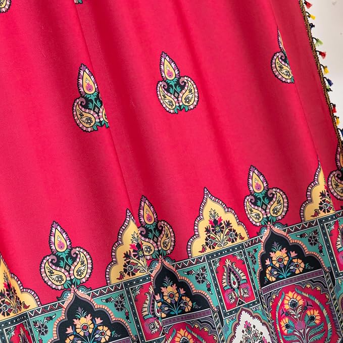 Red Paisley Curtains 84 Inches Long, Boho Farmhouse Light Filtering Rod Pocket Drapes with Tassel Trim for Bedroom Living Room, 2 Panels