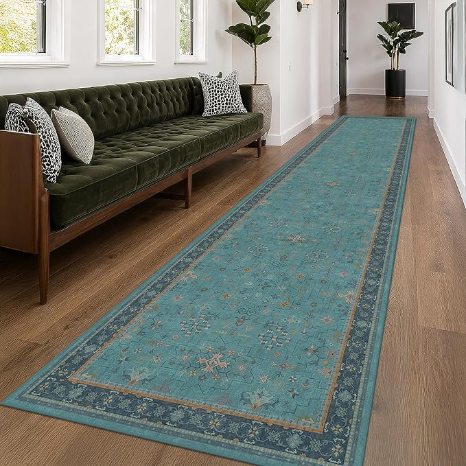 Hazo Haus Washable 3x16 Extra Long Hallway Runner Rug, Boho Aqua Blue Large Kitchen Floor Rug Indoor, Non-Slip Stain & Fade Resistant, Vintage Unique Teal Floral Décor