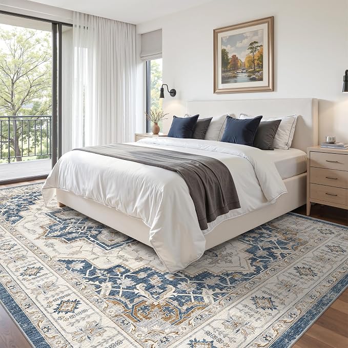 befbee 8x10 Area Rug for Living Rooms, Stain Resistant Neutral Washable Rugs for Dining Rooms, Floral Vintage Non-Slip Thin Large Size Area Rugs(Blue)
